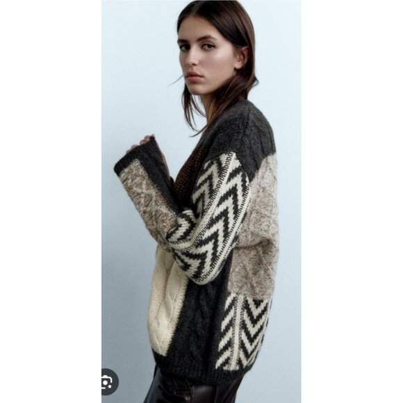 Zara Patchwork Cardigan Sweater Womens Size S Brown Ivory Oversized Chunky - Picture 4 of 14